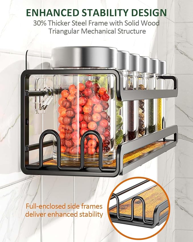 Doakhirmit Wall Mounted Spice Rack with 16 Hooks, Rustic Wood Spice Organizer Shelf for Stove Cabinet Pantry Door,Screw or Adhesive Hanging Spice Shelf,Wall Spice Rack in Kitchen and RV,4 Pack