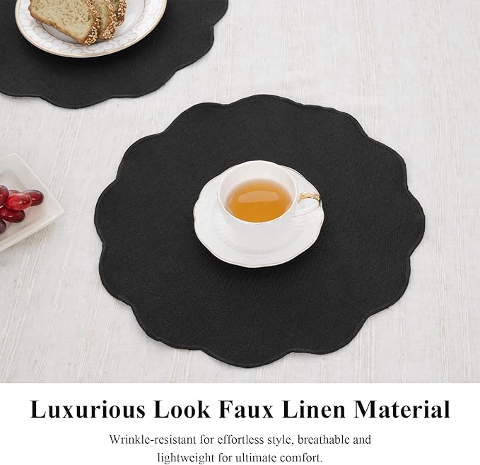 SHACOS Scalloped Round Placemats Set of 6 Polyester Linen Blend 15 inch Washable Non Slip Place Mats Easy Clean Heat Resistant Table Mats for Kitchen Dining Table Decor, Black