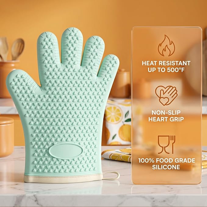 2 Pack Silicone Oven Mitts Heat Resistant, Waterproof Non-Slip BBQ Gloves, Flexible 5-Finger Kitchen Mitts, Kitchen Mittens for Baking, Grilling, Black
