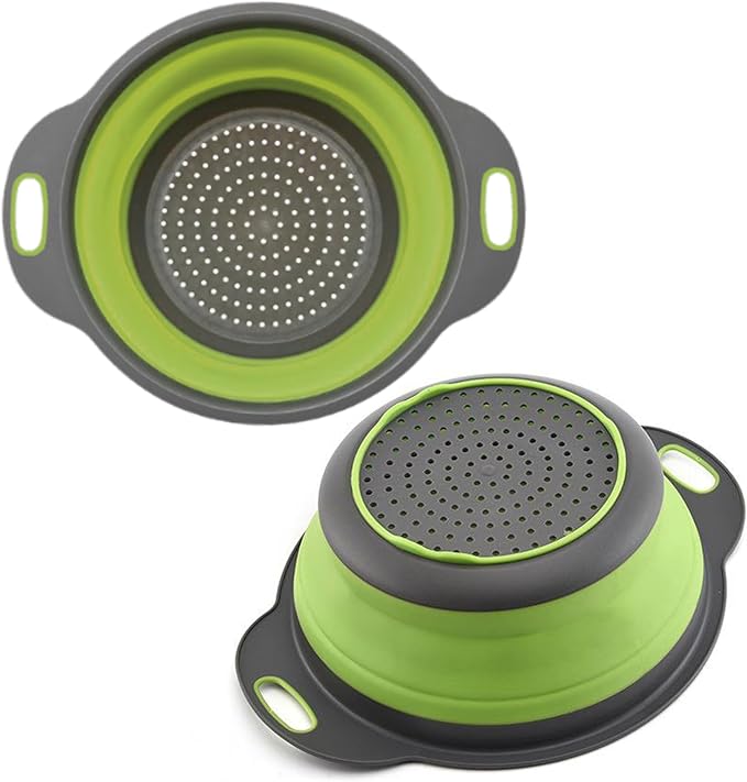 Green Round Silicone Collapsible Colander – Silicone Round Small Kitchen Strainers with Plastic Handles Foldable Kitchen Strainer Perfect for Draining Pasta Vegetable and Fruit