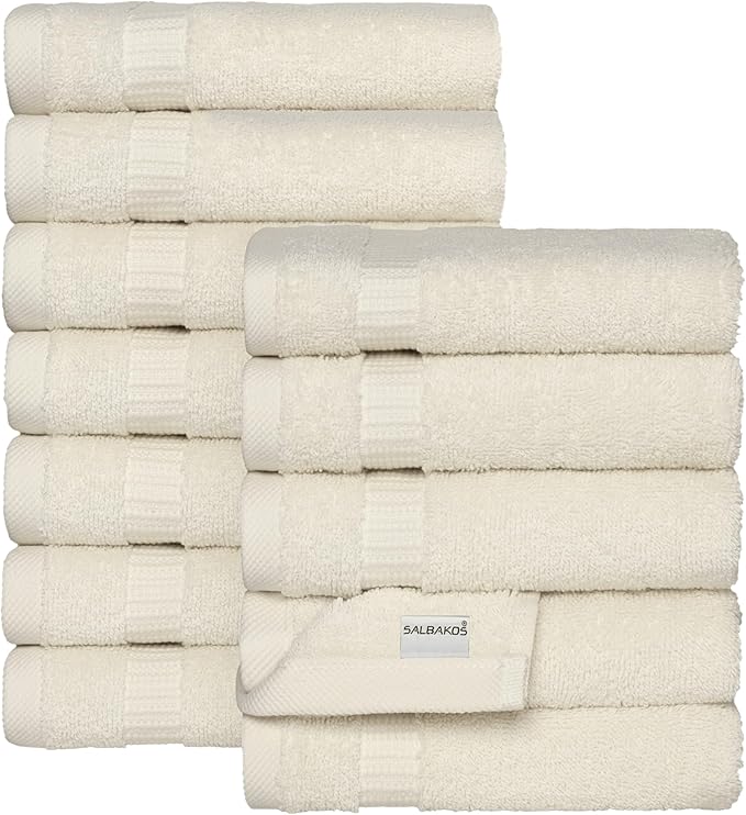 SALBAKOS 100% Turkish Cotton Washcloth Set of 12 13x13 inch | Heirloom Quality | Hotel & Spa Collection | Ultra Soft, Super Absorbent, Washcloth Towels | Made in Turkey (Ivory, 12 Washcloths)