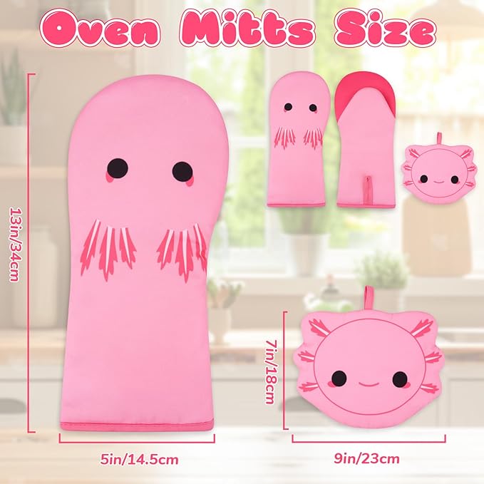 Oven Mitt, Cute Axolotl Oven Mitt Set with Pot Holders, Oven Mit Kitchen Mitts for Oven, Oven Mitts Heat Resistant Axolotl Kitchen Decor & Gifts for Housewarming