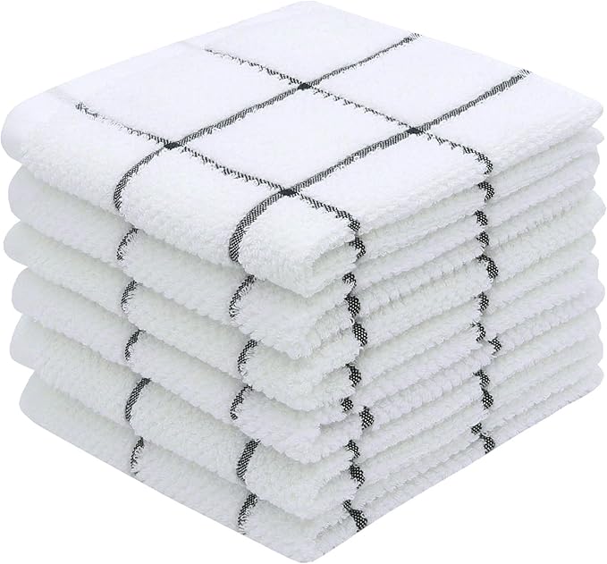 Cotton Terry Kitchen Dish Cloths, Soft Absorbent Tidy Kitchen Dish Towels (Black Grid, Dish Cloths 13 x 13 in)