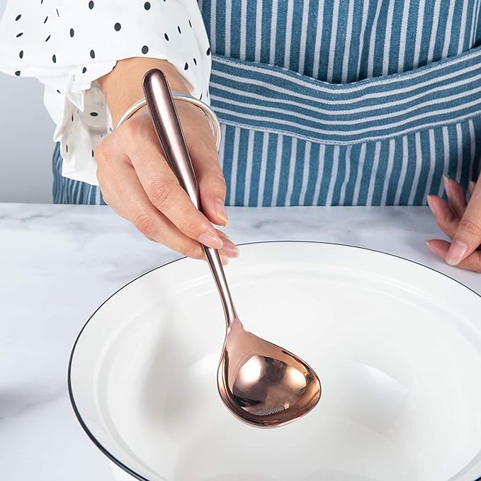 Comicfs Soup Ladle, 4 Pack Durable SUS 304 Stainless Steel with Polished Titanium Plated Big Volume Soup Spoon, Kitchen Gadget Utensil 8-Inch (Rose Gold)