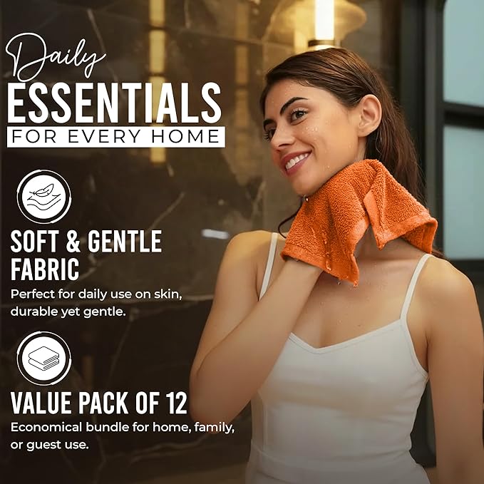 RIVERSIDE Pack of 12 Washcloths, 12 x 12 Inches, 100% Cotton, Premium Flannel Face Cloths, Highly Absorbent & Soft Feel Fingertip Towels (Orange, 12 Pack)