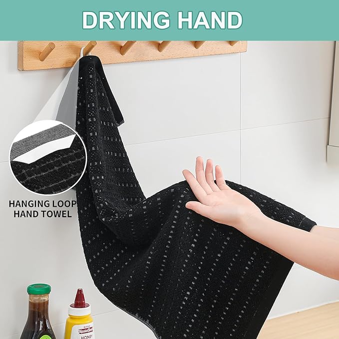 SALAS Kitchen Dish Towels, Bulk Cotton Kitchen Hand Towels, 390 GMS Plaid Dish Cloths Rags for Drying Dishes with Hanging Loop, 16‘’ x 26‘’, 4 Packs, Black
