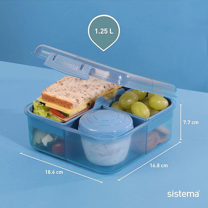 Sistema Ocean Bound Plastic Bento Box | Lunch Box with Yoghurt/Fruit Pot | 1.25 L Square | BPA-Free Made Using Recycled Plastic | Assorted Colours (Varies by Pack)