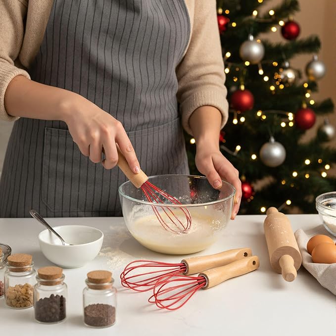 Baderke 20 Sets Baking Gifts Set Includes 8 Inch Silicone Whisk with Wood Handle Wired Stainless Steel Whisk Set Greeting Cards Plastic Bags for Party Birthday Christmas Stuffers Gift(Red)
