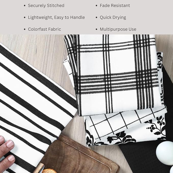 Assorted Kitchen Towels 100% Cotton 16x26 Inch - Super Absorbent, Soft & Quick Drying, Multi-Purpose for Drying & Cleaning, Ideal for Kitchen & Home Use, Set of 5 Low-Lint Dish Towels Black