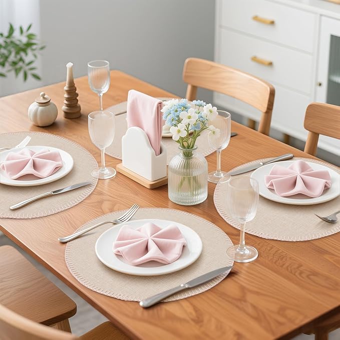 Round Placemats Set of 6, 15 Inch Linen Fabric Table Placemats, Heat Resistant, Wrinkle Free Washable Placemats Kitchen Place Mats Set of 6 for Dining Table Party Table (Beige, 6)