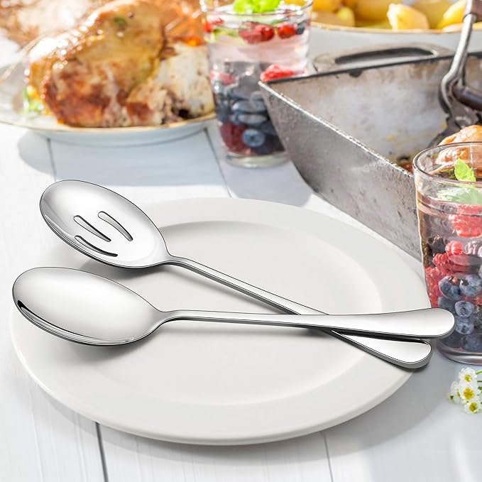 LIANYU 3 Serving Spoons, 3 Slotted Serving Spoon, Stainless Steel Party Buffet Catering Dinner Banquet Serving Spoons, 8 3/4 Inch, Mirror Finish, Dishwasher Safe