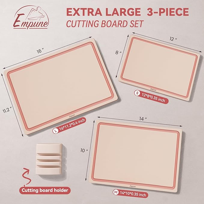 Empune Plastic Cutting Board Set, Recycled Plastic Cutting Boards for Kitchen (Set of 3), Dishwasher Safe Large Chopping Board with Holder, Non-slip Feet and Juice Grooves, Nonporous, Pink