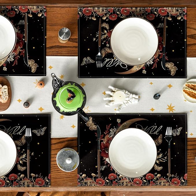 Artoid Mode Wild and Free Moon Flower Placemats Set of 4, 12x18 Inch Seasonal Vintage Farmhopuse Table Mats for Party Kitchen Dining Decoration