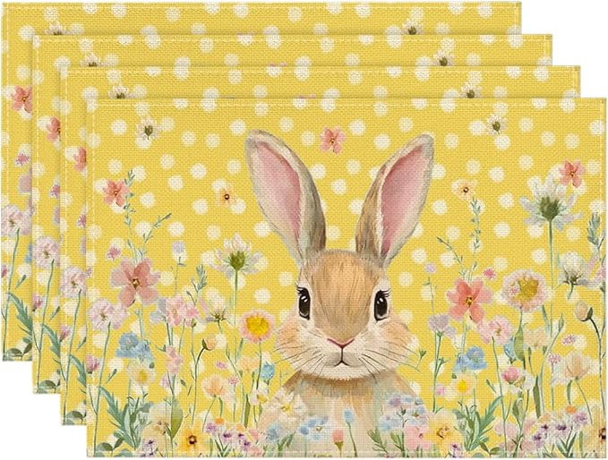 Artoid Mode Yellow Bunny Polka Dot Easter Placemats Set of 4, 12x18 Inch Flower Seasonal Spring Holiday Table Mats for Party Kitchen Dining Decoration