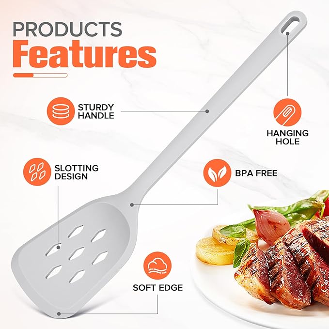 Silicone Cooking Spatula&Slotted Spatulas, Pack of 2,Solid Turner Kitchen Utensils Set for Cooking,Frying, Baking, Flipping, Turning,Heat Resistant 450℉ (GRAY)