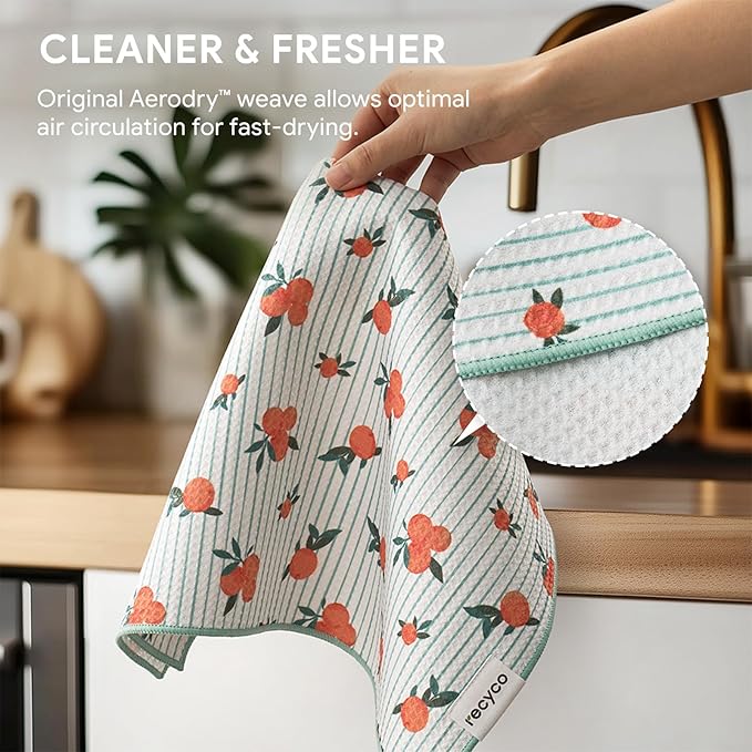 RECYCO Waffle Kitchen Towel Set of 2 - Quick Dry Microfiber Sustainable Dish Towels - Ultra Absorbent Reusable Cleaning Tea Towels - Lightweight Hand Towels,16”x 28”, Clementine Grove