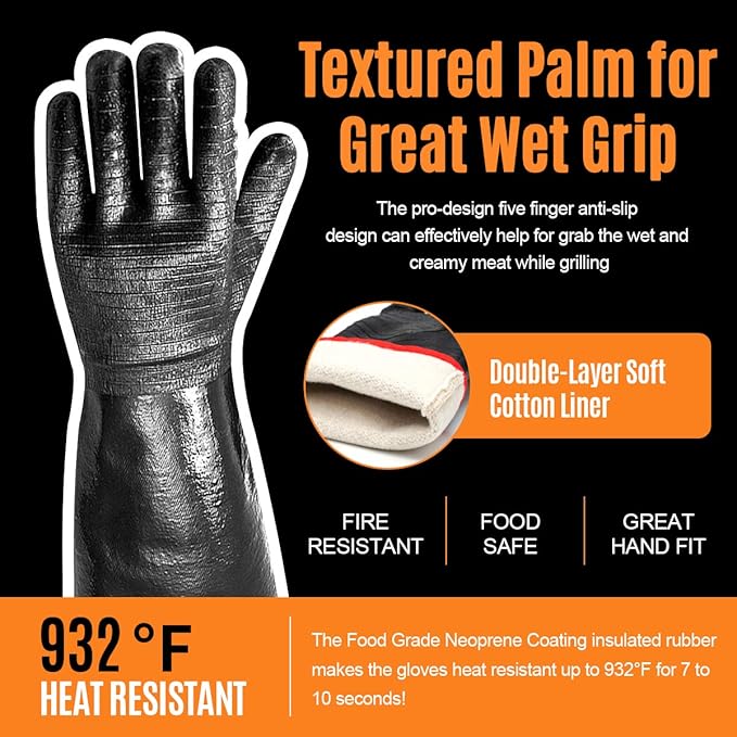 932°F Extreme Heat Resistant BBQ Gloves, Waterproof Oven & Fryer Gloves, Oil Resistant Neoprene Grill Gloves for Baking, Smoker, 14 inch