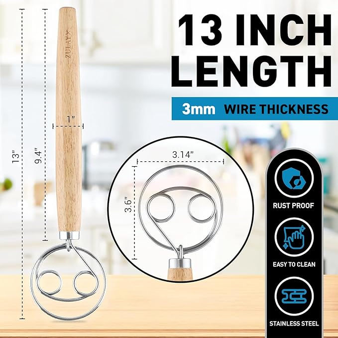 Zulay Kitchen Double-Eye 13" Danish Dough Whisk - Durable Easy Mixing Bread Whisk, Stainless Steel Danish Dough Hook, Sourdough Whisk For Mixing, Traditional Dutch Whisk, Dough Mixer Tool - Acacia
