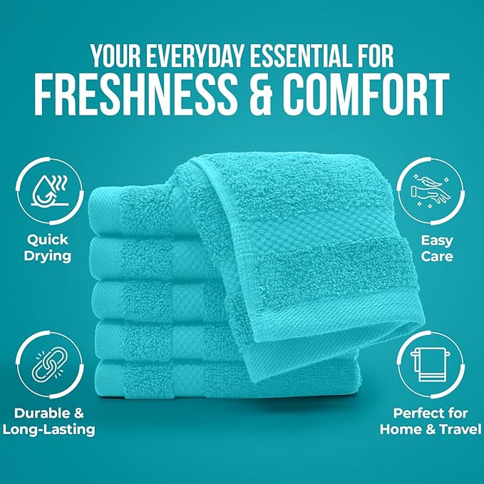 DAN RIVER 12-Pack Premium 100% Cotton Aqua Face Towels for Bathroom - Reusable Face Wash Cloths for Showering 12x12 Inches - 550 GSM Super Soft & Absorbent Luxury WashCloths for Body, Spa & Gym