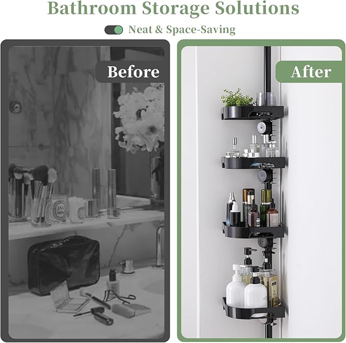 akinbas Tension Pole Shower Caddy Organizer with4 Tier L-Shaped Rust Resistant Bathroom Corner Shelves with 34-124 Inch Adjustable No Drilling Quick Install Shower Rack for Bath Essentials (Black)