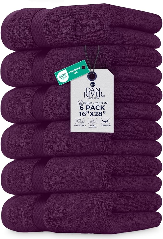 DAN RIVER 6-Pack Premium Hand Towels (16x28 Inches) - 100% Cotton, Ultra Soft, Lightweight, Highly Absorbent Towels for Bathroom, Spa, Gym, Salon, Hotel, and Travel - Purple Passion