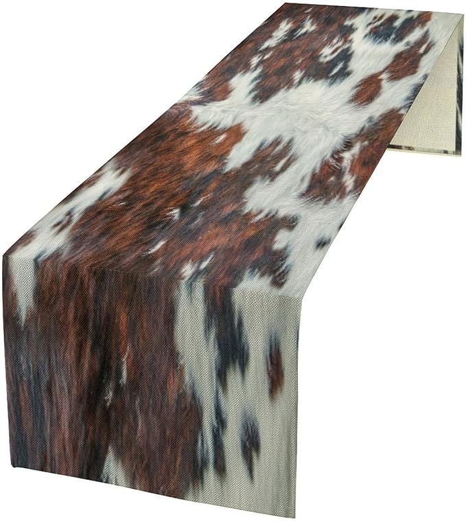 Cow Skin Print Table Runner, Rustic Cottage Country Farm Animal Fur Skin Western Style Brown Cowhide Print Dinner Runner for Home Kitchen Dining Table Decoration 13"x90"