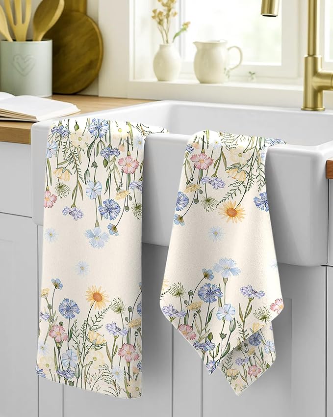 Miss Adola Flour Sack Kitchen Towels - Set of 2 Spring Dish Towels with Hanging Loop 18x26 Inch Absorbent Reusable Cotton Cloths for Cleaning Cute Design Home Decorative Housewarming, Colorful Flower