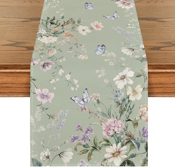 Artoid Mode Green Floral Wildflower Leaf 210 GSM Spring Table Runner, Seasonal Summer Kitchen Dining Table Decoration for Home Party Decor 13x72 Inch
