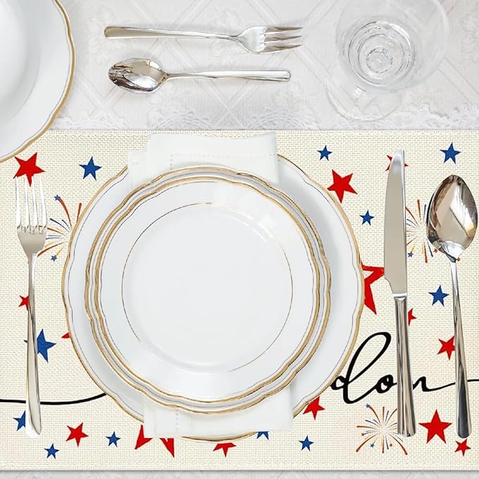 Niviy 250th Anniversary USA Placemats, Red Blue Stars Fireworks Patriotic Placemats Set of 6, 12x18 Inch Memorial Day Independence Day Table Mats for Holiday Party Kitchen Dining Room Decoration