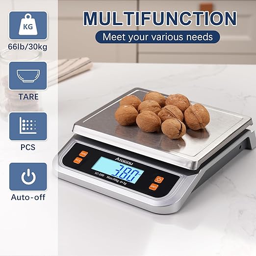 Atogou 88lb Food Scale, Commercial Kitchen Scale Plug-in Usable with Full View LCD Display, Stainless Steel, for Baking, Bread, Cooking, Meat, Vegetables, Farm, Industry LC200 Silver