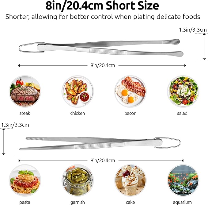 U-Taste 8" Kitchen Plating Tweezer Set: 18/8 Stainless Steel Food-Grade Metal Food Tong, Seamless-Welding, Flexible Pinching and Non-Slip for Serving, Decorating, Cooking, Baking (Round & Pointed Tip)
