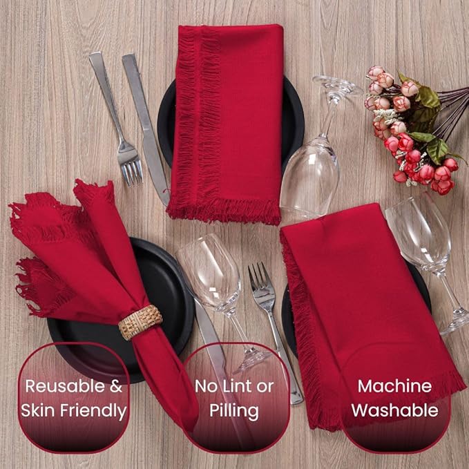 Set of 6 Dinner Napkins Fringes 100% Cotton - Soft Durable Reusable - Perfect for Dining Weddings Parties Holidays Easter Christmas and Everyday Use Table Napkins - 20x20 Inch Napkins Red