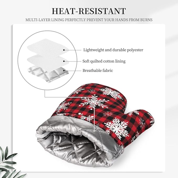 Red Black Buffalo Plaid Oven Mitts and Pot Holders Set, 4pcs Winter White Snowflakes Christmas Silicone Oven Glove for Kitchen Heat Resistant Oven Mitts and Potholders Non-Slip for Cooking