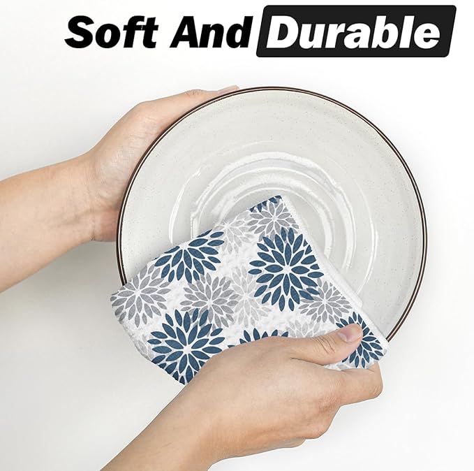 Artoid Mode Aqua Dahlia Floral Kitchen Dish Cloths, 12x12 Inch Quick Dry Microfiber Dishcloths for Kitchen Premium Dish Rags Set of 2