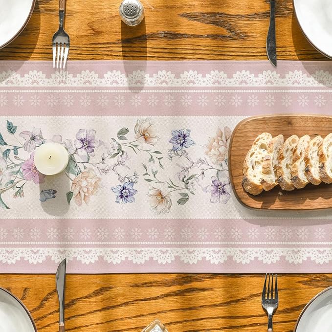 Artoid Mode Pink Printed Lace Floral 210 GSM Spring Table Runner, Seasonal Summer Kitchen Dining Table Decoration for Home Party Decor 13x72 Inch