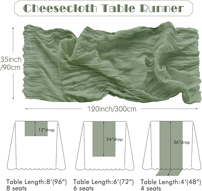 IVAPUPU 4 Pcs Cheesecloth Table Runner - 10ft Sage Green Spring Boho Gauze Cheese Cloth Table Runners for Baby Shower Decorations Wedding Party Garden Farmhouse