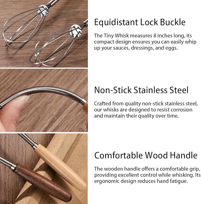 Stainless Steel Mini Whisk 2 Pcs, Small Wire Whisks Set with Wooden Handle, Kitchen Egg Beater Mini Hand Mixer for Cooking, 7.8inch