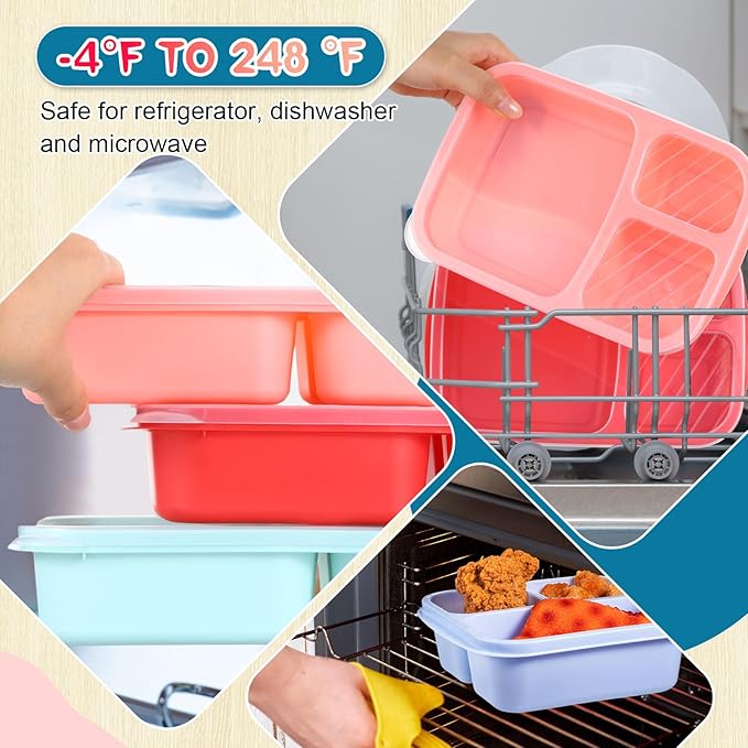 Honeydak 5 Pack Snack Containers 3 Compartment Bento Snack Boxes Divided Meal Prep Containers with Lids Reusable Adults Lunch Food Storage Box for School Work Travel (Red Blue Green)