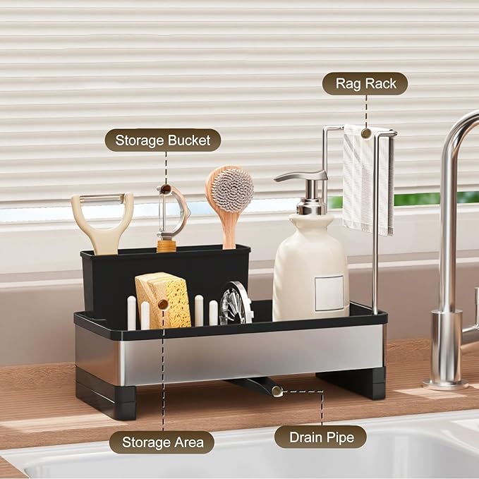 Sink Caddy, Stainless Steel Sink Caddy with Brush Holder, Kitchen Sink Caddy Dishcloth Rack and Holds Soap Dispenser, Sink Organizer Auto-Drain Rustproof Countertop Organizer (Black)