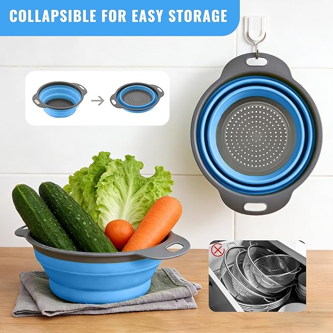 Collapsible Colander Set of 2, Folding Kitchen Strainers with Handles, Space-Saving Over-the-Sink Drainers for Pasta, Veggies & Fruit, BPA-Free, Dishwasher Safe, RV & Camping (Blue)