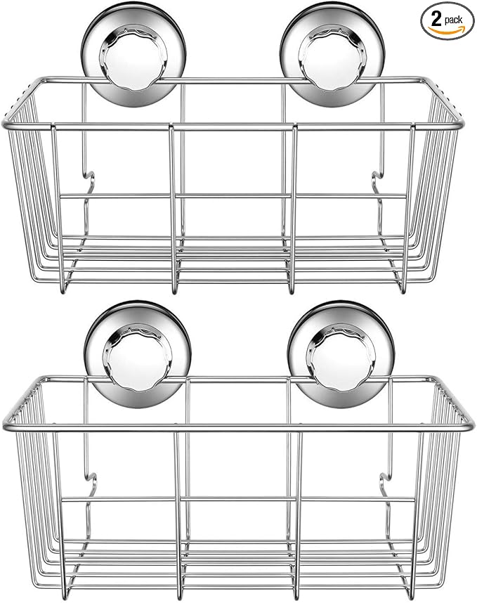SANNO Suction Cup Shower Caddy Basket for Shampoo Combo Organizer Basket Stainless Steel Holder for Bathroom Storage，pack of 2