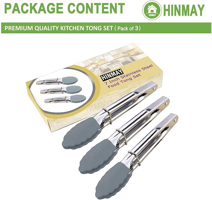 HINMAY Silicone Utility Tong Kitchen Tongs 7 Inch Metal Salad Tongs, Set of 3 (Gray)