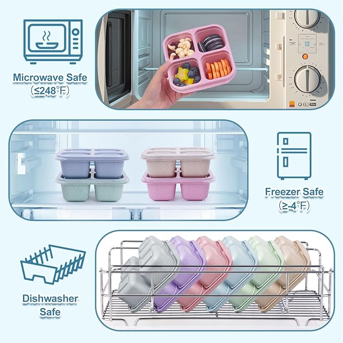 LCHLZZ 4 Pack Snack Containers, 4 Compartments Snackle Box Container, Reusable Meal Prep Lunchable Container for Adults, Microwave Dishwasher Safe, Stackable Bento Snack Boxes for Work, Travel
