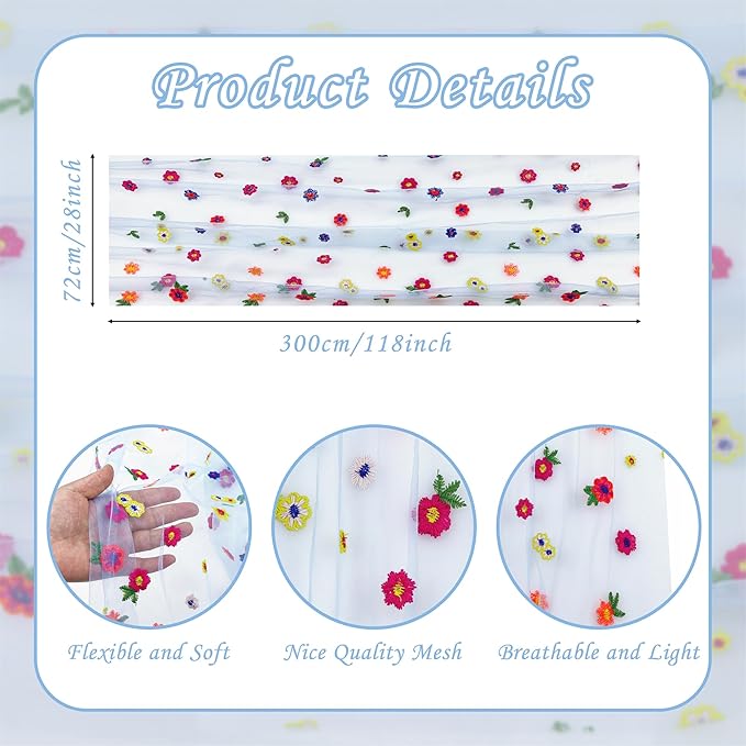 YATOJUZI Sky Blue Table Runner Embroidery Daisy Summer Floral Decorations Seasonal Tulle Dining Table Runners for Home Kitchen Decor Wedding Shower Party