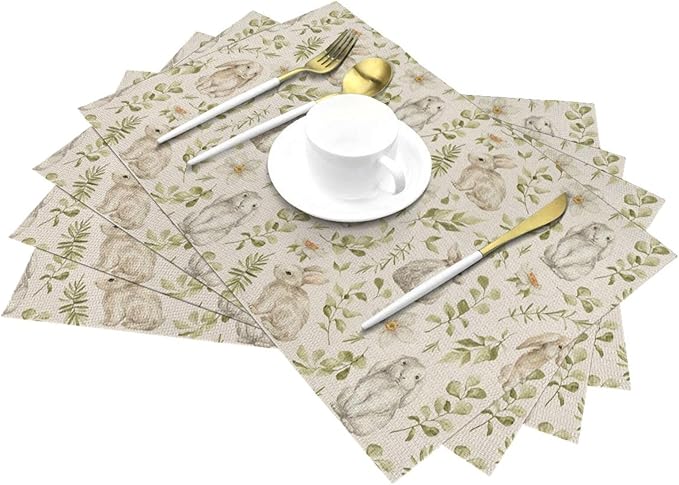 Spring Place mats Set of 4,12x18 Inches Green Rabbit Floral Leaves Placemats Rectangle Easter Decor Bunny Flower Table Mats for Party Home Kitchen Dining Table Decoration