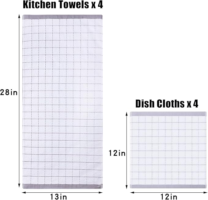 Homaxy Kitchen Towels and Dishcloths Set, 12 x 12 and 13 x 28 Inches, Set of 8 Bulk Cotton Terry Kitchen Towels Set, Checkered Designed, Soft and Super Absorbent Dish Towels, Mixed Color
