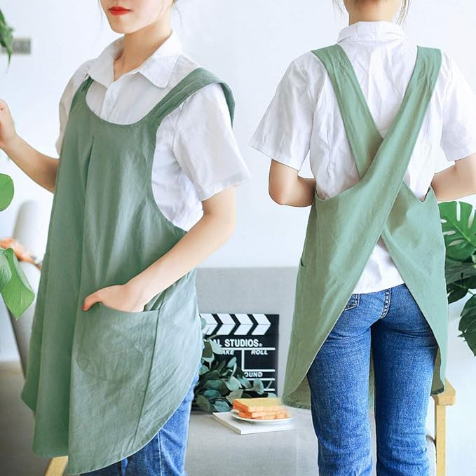 NEWGEM Japanese Cotton Linen Cross Back Cooking Apron for Women Men with Pockets Cute for Baking Kitchen
