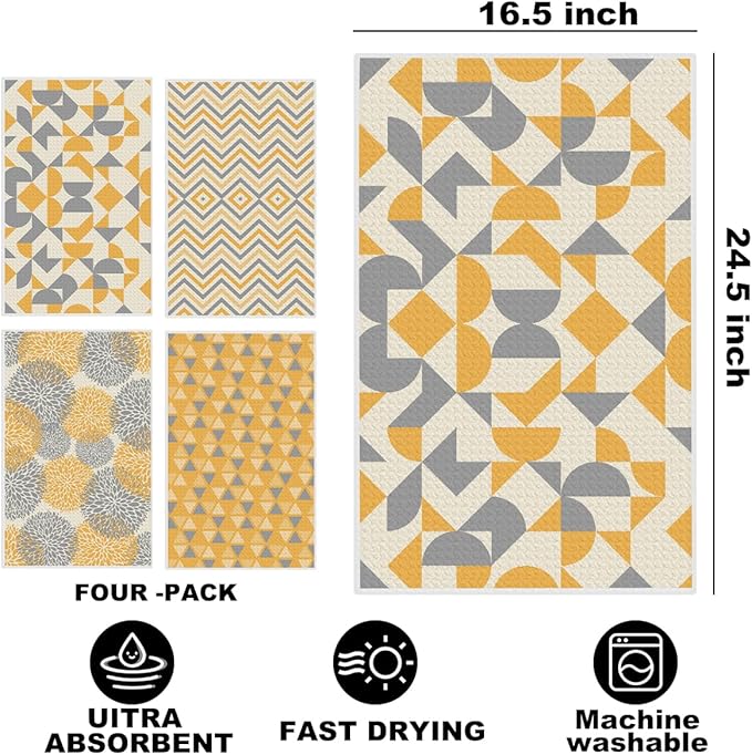 4 Pcs Abstract Artistic Kitchen Towels, Yellow Flower Soft Absorbent Tea Hand Towel, Microfiber Dish Cloths for Drying Dishes, Waffle Dish Towels for Kitchen Bathroom Home Decor for Women Mom