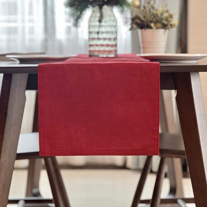 Linen Table Runner and Placemats Set of 6, Farmhouse Style Tabletop Collection, Thick Double Layer Heat-resistand Table Mats for Kitchen, Dining, Holiday Party by Auscmu TC/ Wine Red