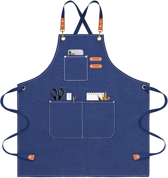 OUNLEN Chef Apron for Men Women Canvas Aprons with 3 Pockets Cross Back Resistant Work Apron for Cooking
